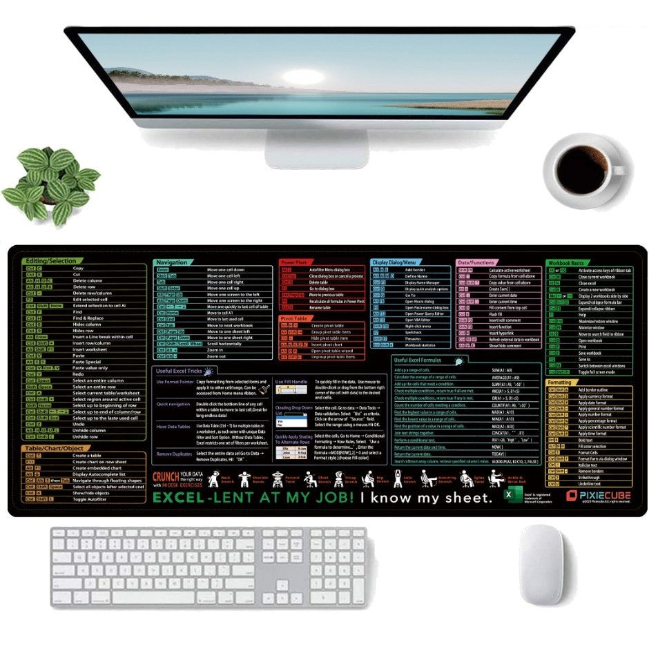 Mousepad Gaming XL cu Suport Tastatura, Covoras Birou cu Scurtaturi si Formule Microsoft Excel, Suprafata Textila Antiderapanta, Rezistent la Uzura, 90 x 40 cm, Negru Model 2