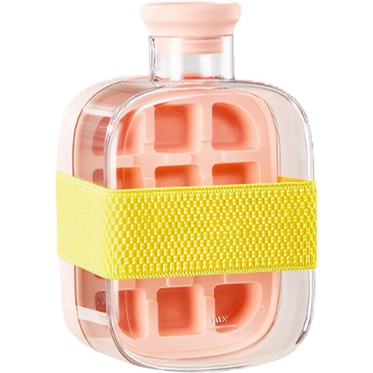 Forma de Gheata 2in1 si Sticla de Apa cu Pai, Recipient Portabil pentru 12 Cuburi, Silicon si Plastic, 500 ml, Roz