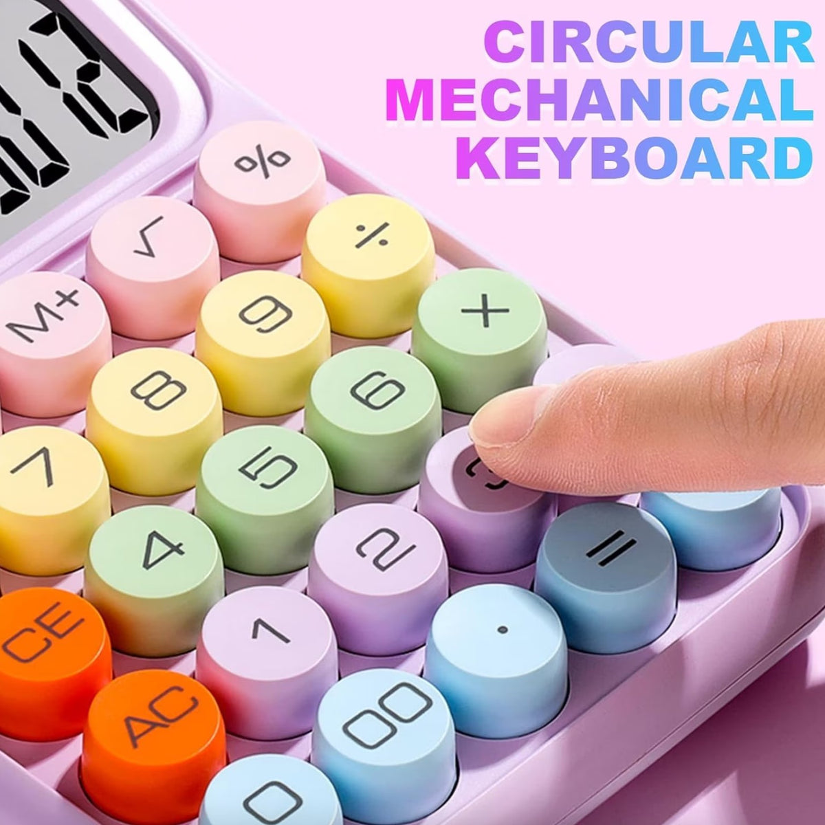 Calculator Electronic pentru Copii si Scoala Primara, Taste Mecanice Rotunde, Ecran LCD Mare 12 Cifre, Design Pastel, ABS, 16 x 11 x 2 cm, Roz