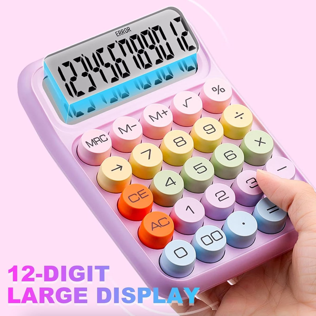 Calculator Electronic pentru Copii si Scoala Primara, Taste Mecanice Rotunde, Ecran LCD Mare 12 Cifre, Design Pastel, ABS, 16 x 11 x 2 cm, Roz