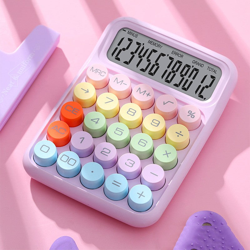 Calculator Electronic pentru Copii si Scoala Primara, Taste Mecanice Rotunde, Ecran LCD Mare 12 Cifre, Design Pastel, ABS, 16 x 11 x 2 cm, Roz