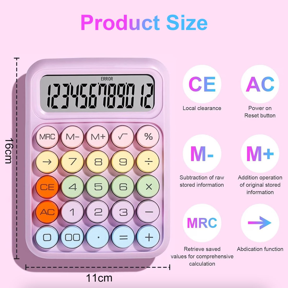 Calculator Electronic pentru Copii si Scoala Primara, Taste Mecanice Rotunde, Ecran LCD Mare 12 Cifre, Design Pastel, ABS, 16 x 11 x 2 cm, Roz