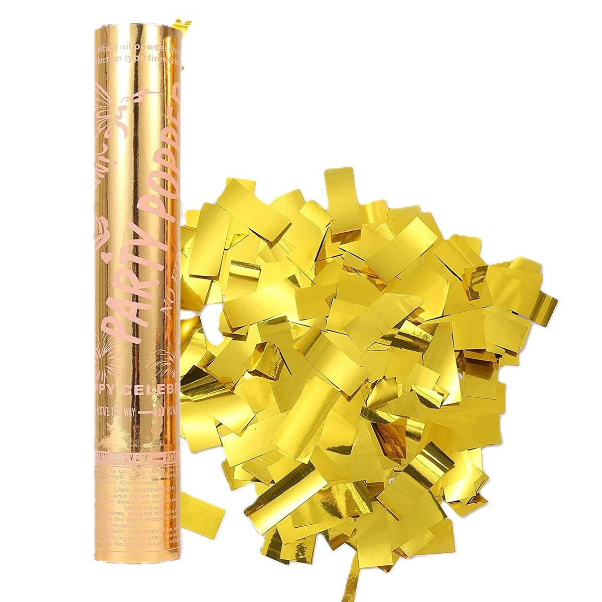 Tub de Confetti Party Popper, Confetti Lucioase Ignifuge Rezistente la Foc, Eliberare prin Rasucire, Aluminiu, 30x5 cm, Auriu