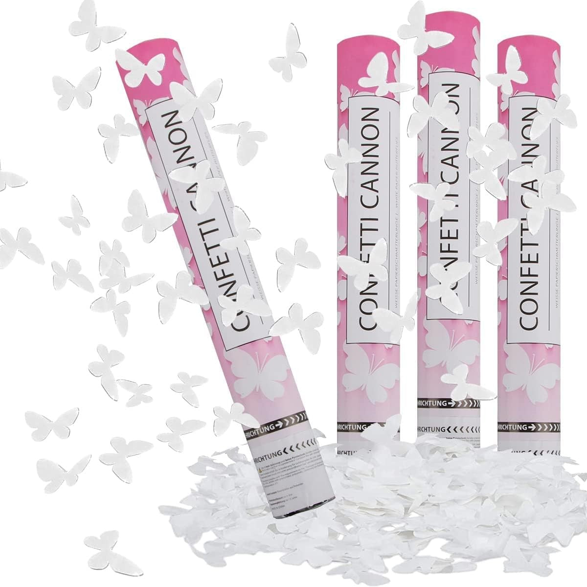Tun de Confetti cu Model Fluturi, Actionare Manuala prin Rasucire, Ideal pentru Nunti si Botezuri, Hartie, Alb, 40 cm
