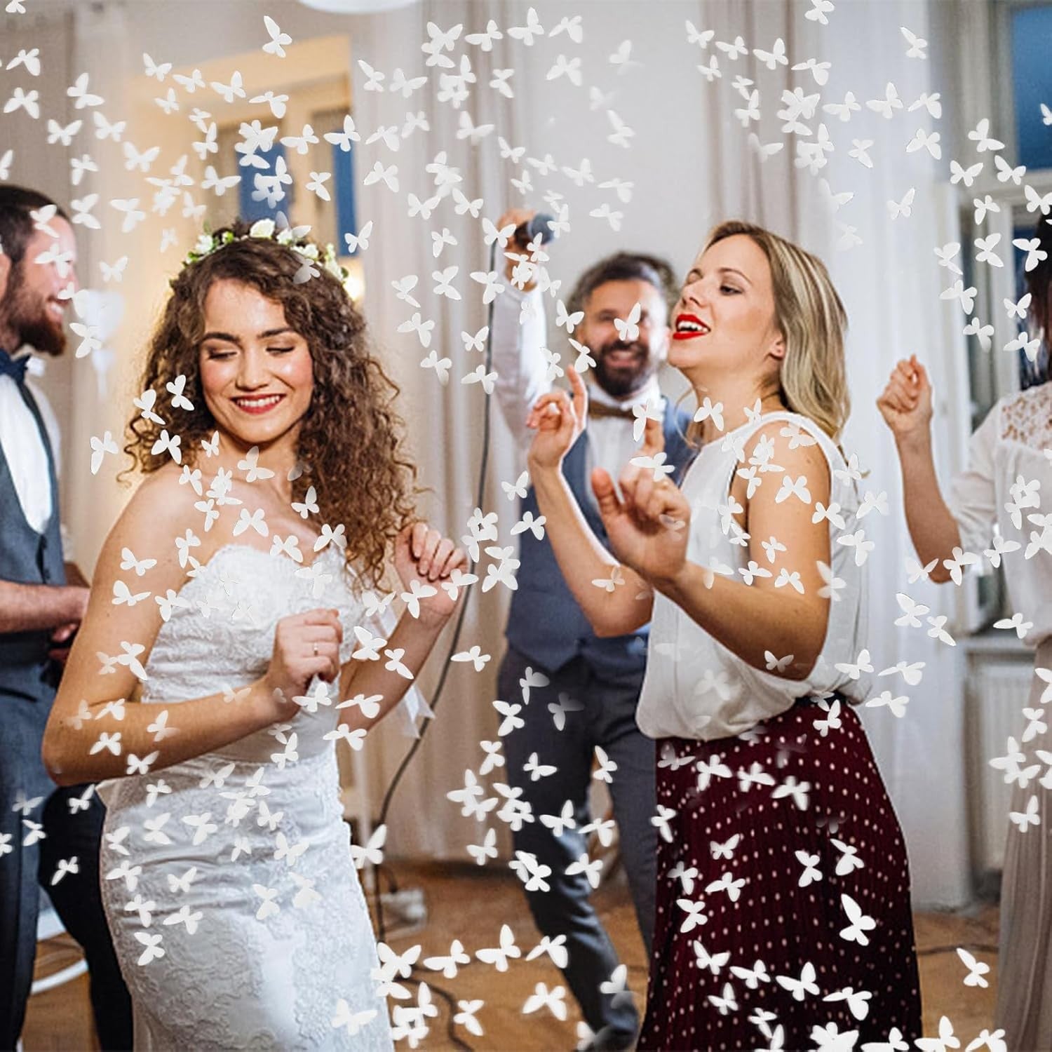 Tun de Confetti cu Model Fluturi, Actionare Manuala prin Rasucire, Ideal pentru Nunti si Botezuri, Hartie, Alb, 40 cm