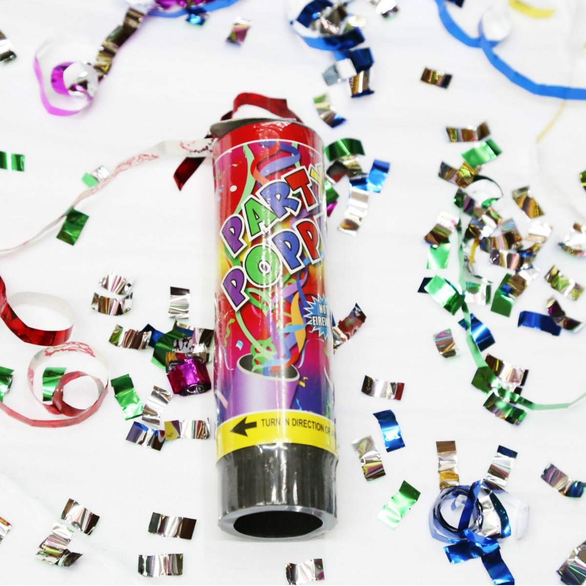 Tun de Confetti, Party Popper Pentru Aniversari, Panglici din Folie Metalizata, Activare prin Rasucire, Multicolor, 15 cm