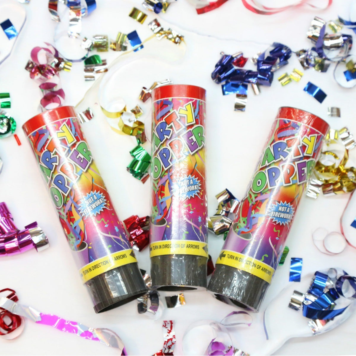 Tun de Confetti, Party Popper Pentru Aniversari, Panglici din Folie Metalizata, Activare prin Rasucire, Multicolor, 15 cm