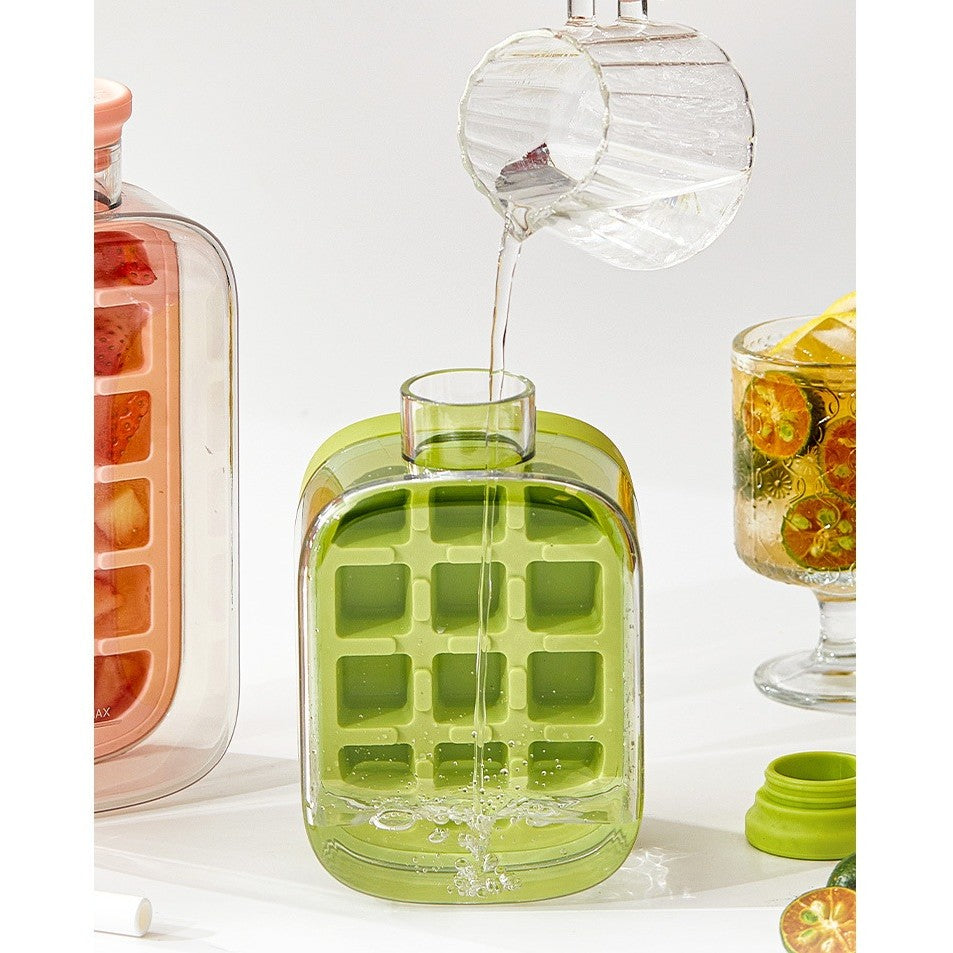 Formă de Gheață 2în1 și Sticlă de Apă cu Pai, Recipient Portabil pentru 12 Cuburi, Silicon și Plastic, 500 ml, 16.3 x 10.8 x 8 cm, Verde