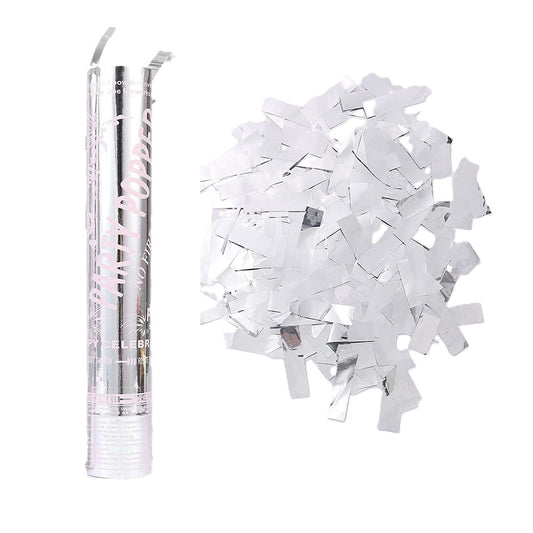 Tub de Confetti Party Popper, Actionare prin Rasucire, Confetti Lucioase Ignifuge Rezistente la Foc, Aluminiu, 30x5 cm, Argintiu