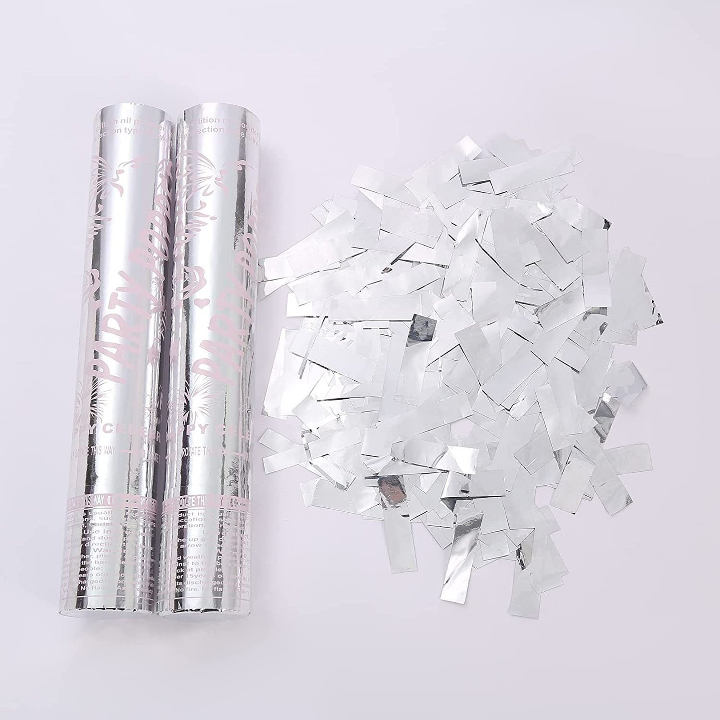 Tub de Confetti Party Popper, Actionare prin Rasucire, Confetti Lucioase Ignifuge Rezistente la Foc, Aluminiu, 30x5 cm, Argintiu