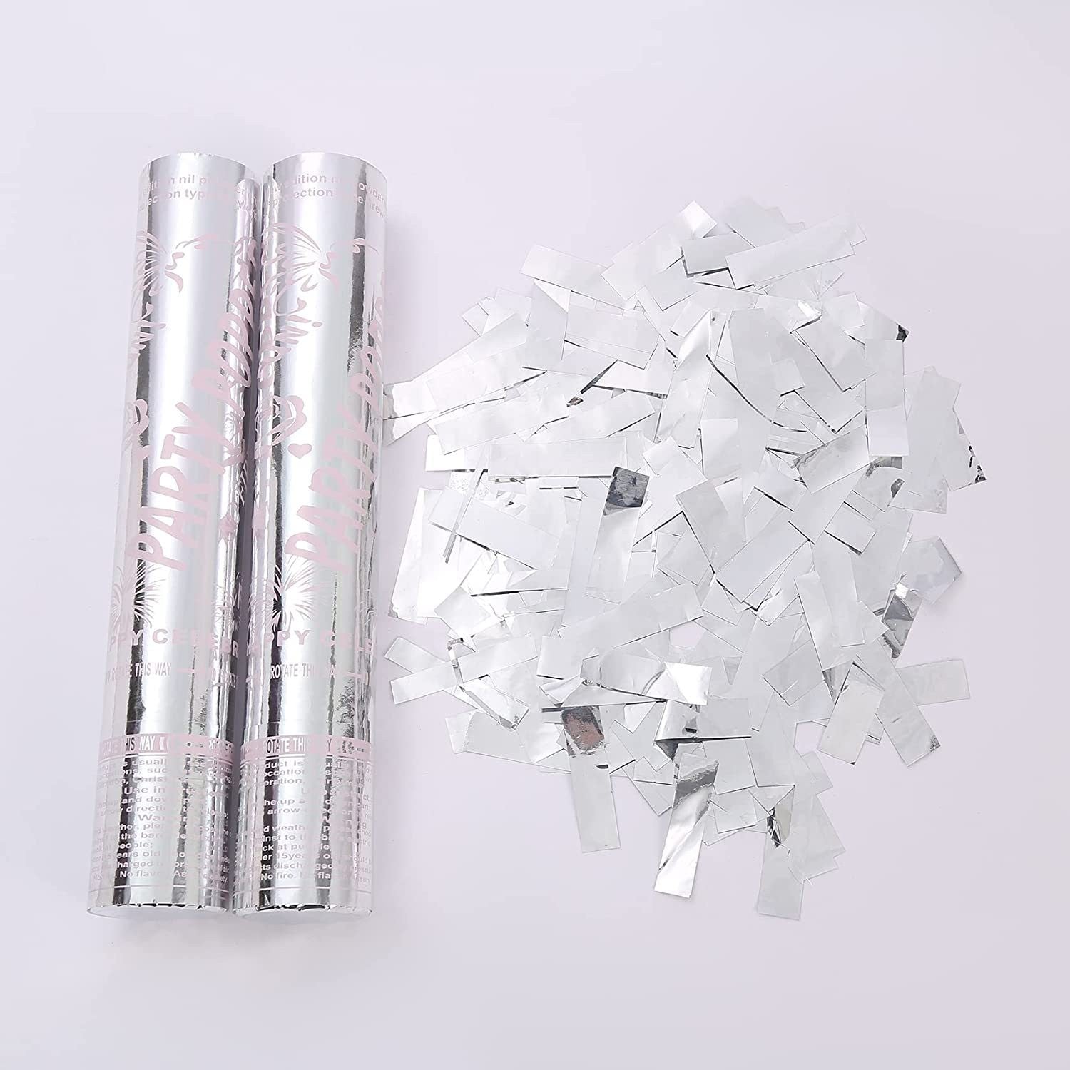 Tub de Confetti Party Popper, Actionare prin Rasucire, Confetti Lucioase Ignifuge Rezistente la Foc, Aluminiu, 30x5 cm, Argintiu
