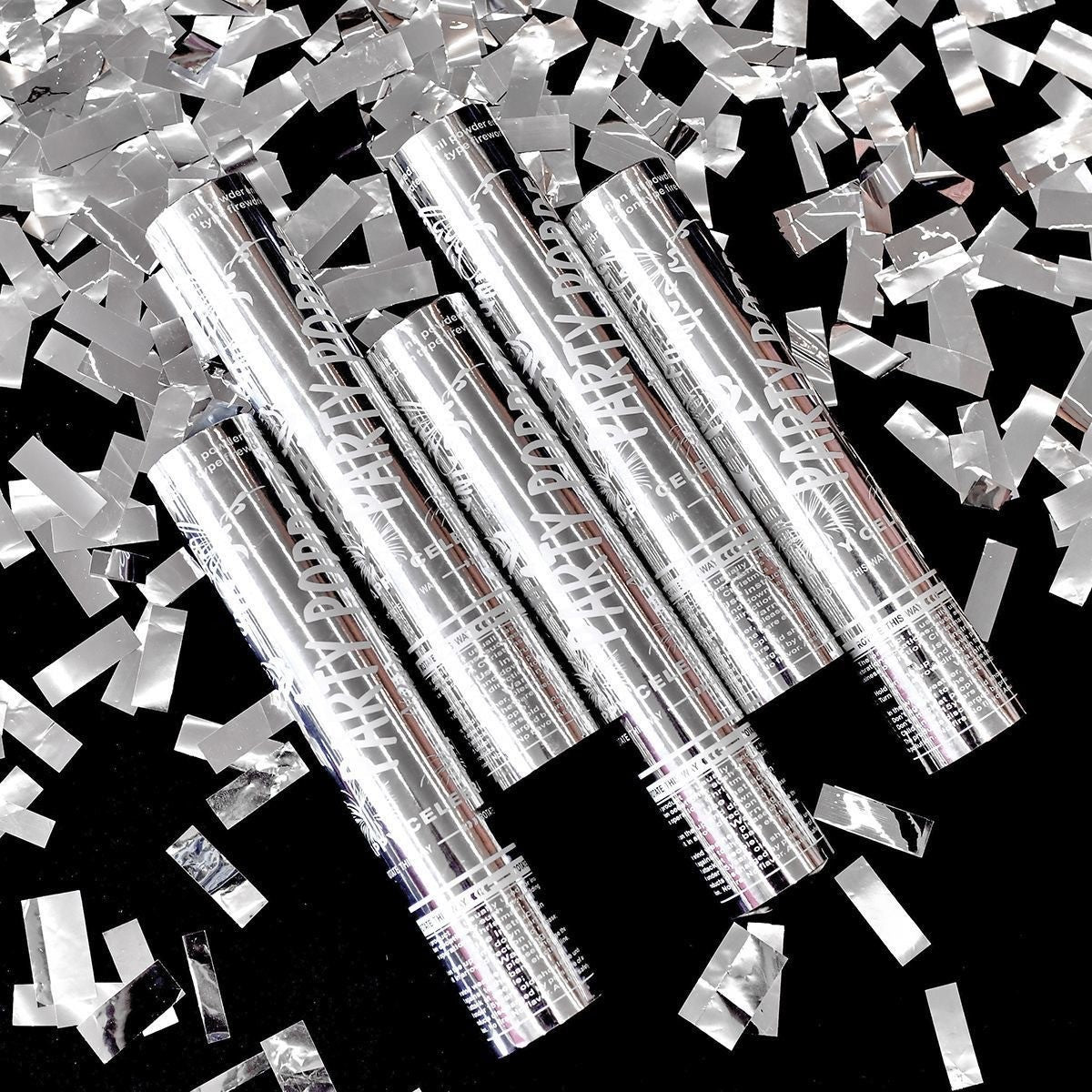 Tub de Confetti Party Popper, Actionare prin Rasucire, Confetti Lucioase Ignifuge Rezistente la Foc, Aluminiu, 30x5 cm, Argintiu