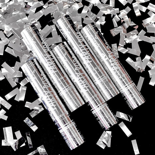 Tub de Confetti Party Popper, Actionare prin Rasucire, Confetti Lucioase Ignifuge Rezistente la Foc, Aluminiu, 30x5 cm, Argintiu