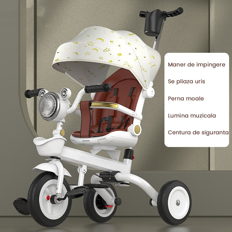 Tricicleta Multifunctionala pentru Copii, Scaun Rotativ cu Functie Culcat, Maner de Impingere, Copertina Pliabila, Lumini si Muzica, Accesorii Suport Pahar si Cos, 80 x 60 x 53 cm, Alb Ivory