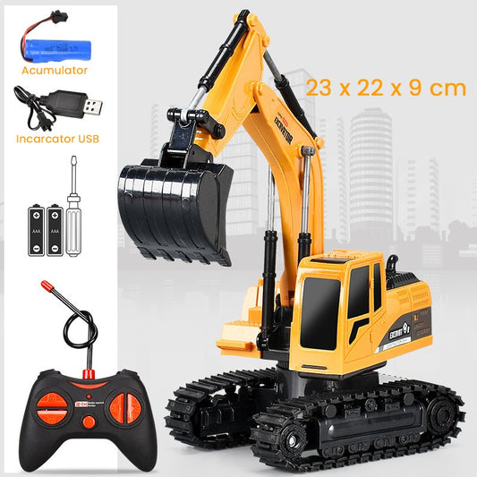 Excavator Jucarie cu Telecomanda 2.4G, Utilaj de Constructie cu Brat si Cupa Mobile, Incarcare USB, Plastic Rezistent, 23 x 22 x 9 cm, Portocaliu