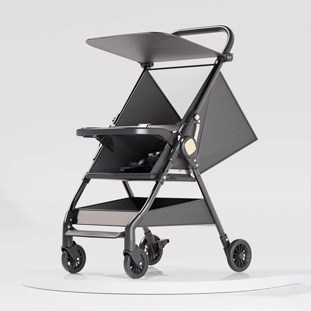 Cărucior Pliabil Tip Sport, Ultra Ușor și Compact pentru Avion, Cadru Oțel cu Tavă Masă și Coș Depozitare, 93 x 70 x 40 cm, Negru