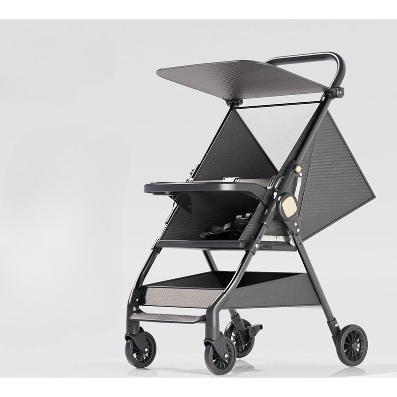 Cărucior Pliabil Tip Sport, Ultra Ușor și Compact pentru Avion, Cadru Oțel cu Tavă Masă și Coș Depozitare, 93 x 70 x 40 cm, Negru