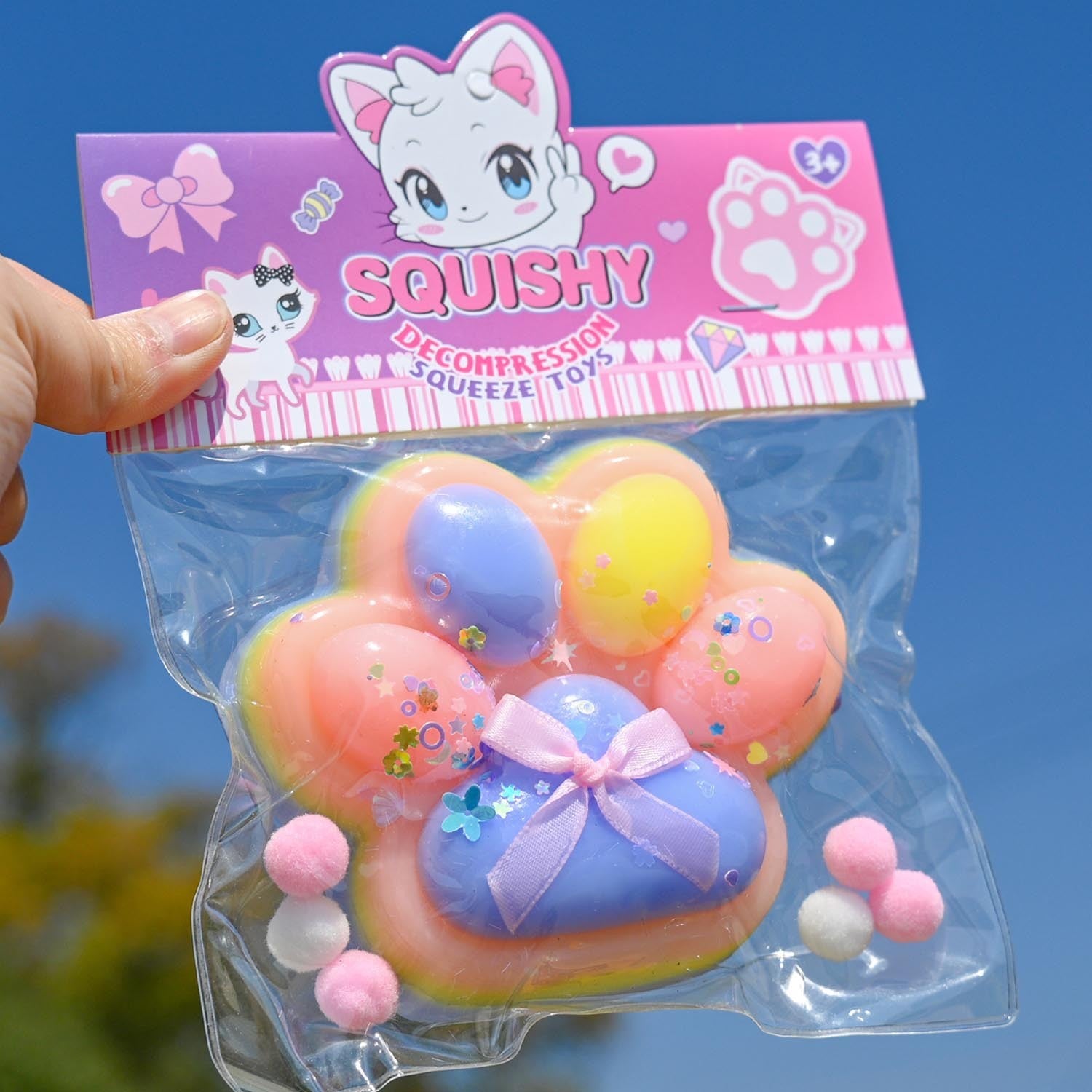 Jucarie Antistres Squishy, Revenire Lenta, Model Labuta de Pisica, Material TPR Moale, 12.5x10.5 cm, 220g, Multicolor