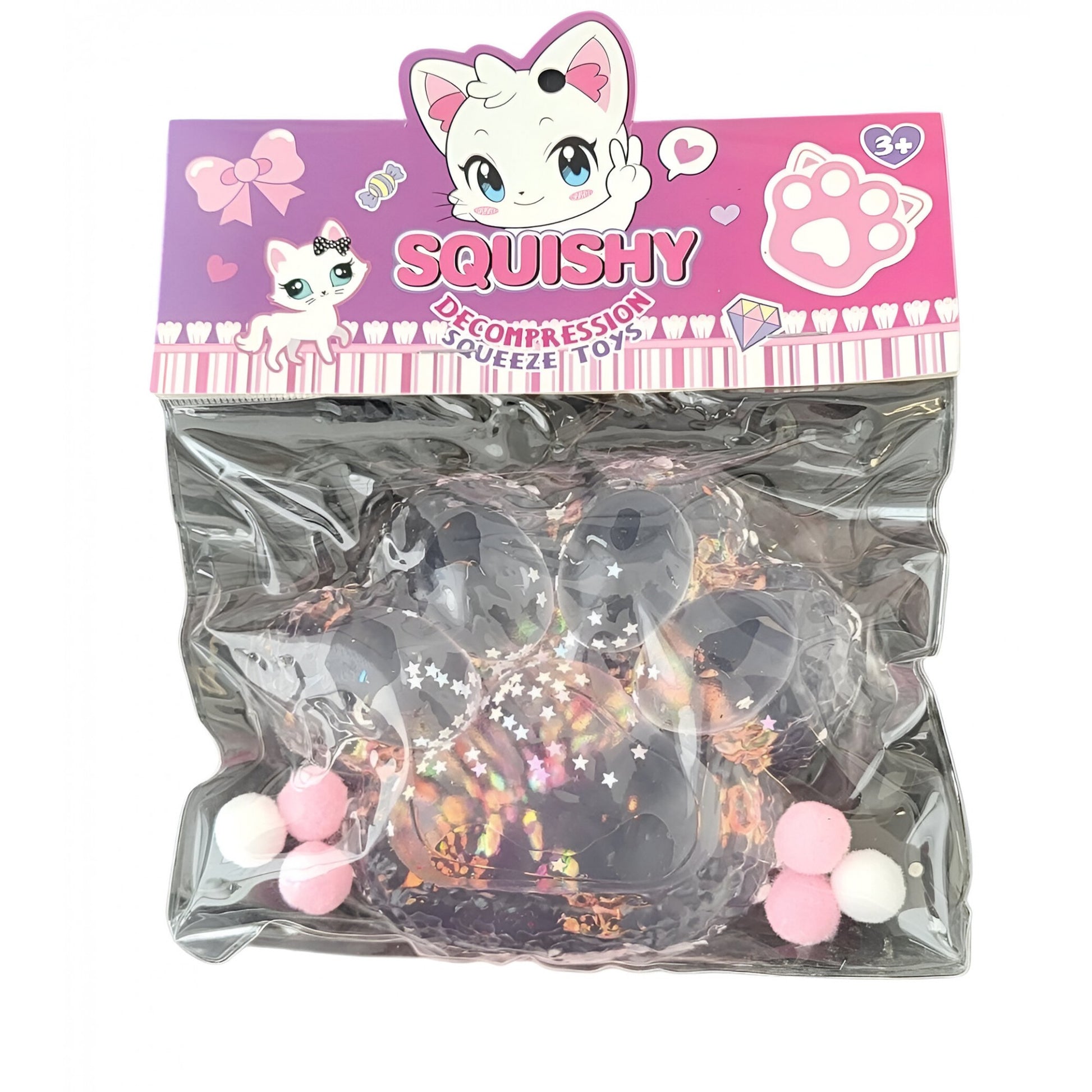 Squeeze Pinch Family Jucarie Antistres Squishy, Labuta de Pisica Pufoasa, Revenire Lenta, Silicon Moale, 12.5x10.5 cm, 220g, Roz Transparent