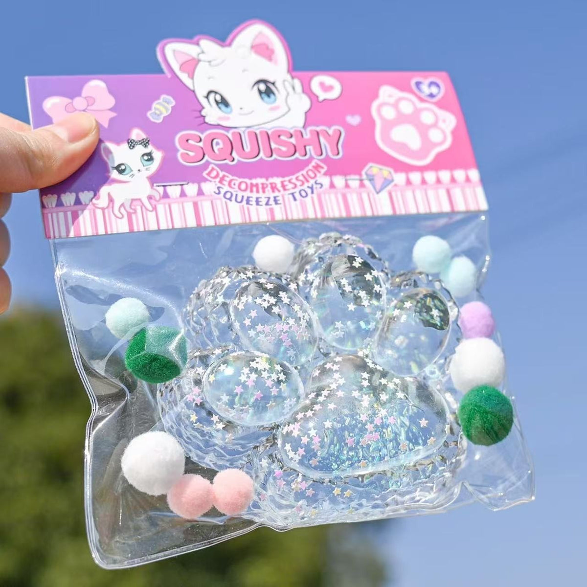 Squeeze Pinch Family Jucarie Antistres Squishy Labuta de Pisica, Jucarie Tactila cu Revenire Lenta, Material Texturat Moale, 12.5x10.5 cm, 220g, Albastru Transparent