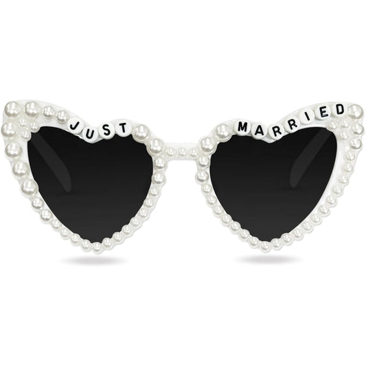 Ochelari Decorativi Nunta Just Married, Rama cu Perle pentru Mireasa si Petrecerea Burlacitelor, Material PC, 15.3 x 5.7 x 14.5 cm, Alb