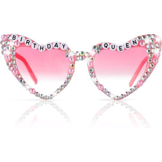 Ochelari Decorativi Birthday Queen, Accesorii Petrecere Burlacite si Aniversari, Rama cu Perle si Diamante, Policarbonat, 15.3 x 5.7 x 14.5 cm, Roz