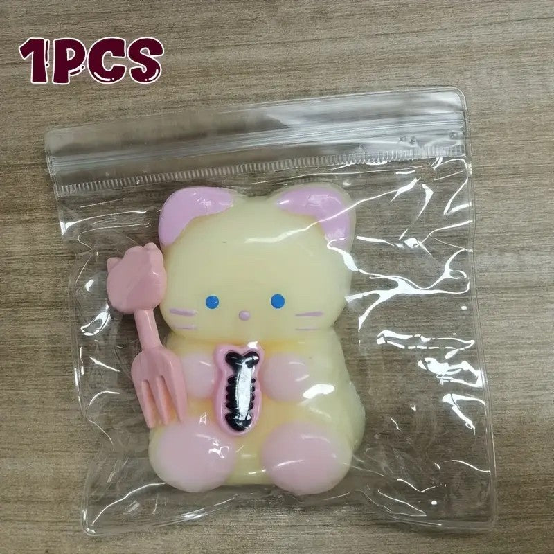 Jucarie Antistres Squishy Squeeze Pinch Family, Model Pisicuta cu Pestisor, Material Moale cu Revenire Lenta, Galben, 9 x 5.5 cm