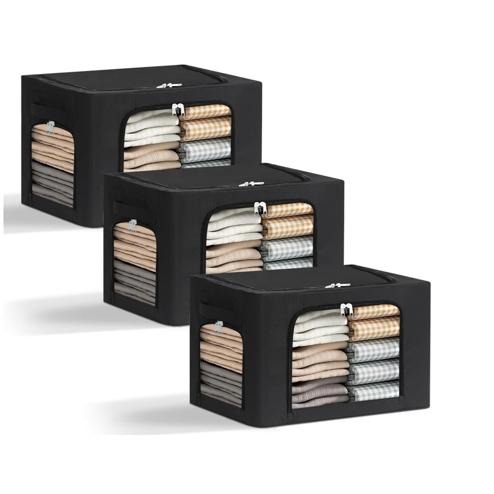 Cutie de Depozitare Haine si Textile, Cadru din Otel Stivuibil, 3 Ferestre cu Fermoar Bidirectional, Material Oxford Impermeabil, 38L, 42 x 30 x 30 cm, Negru