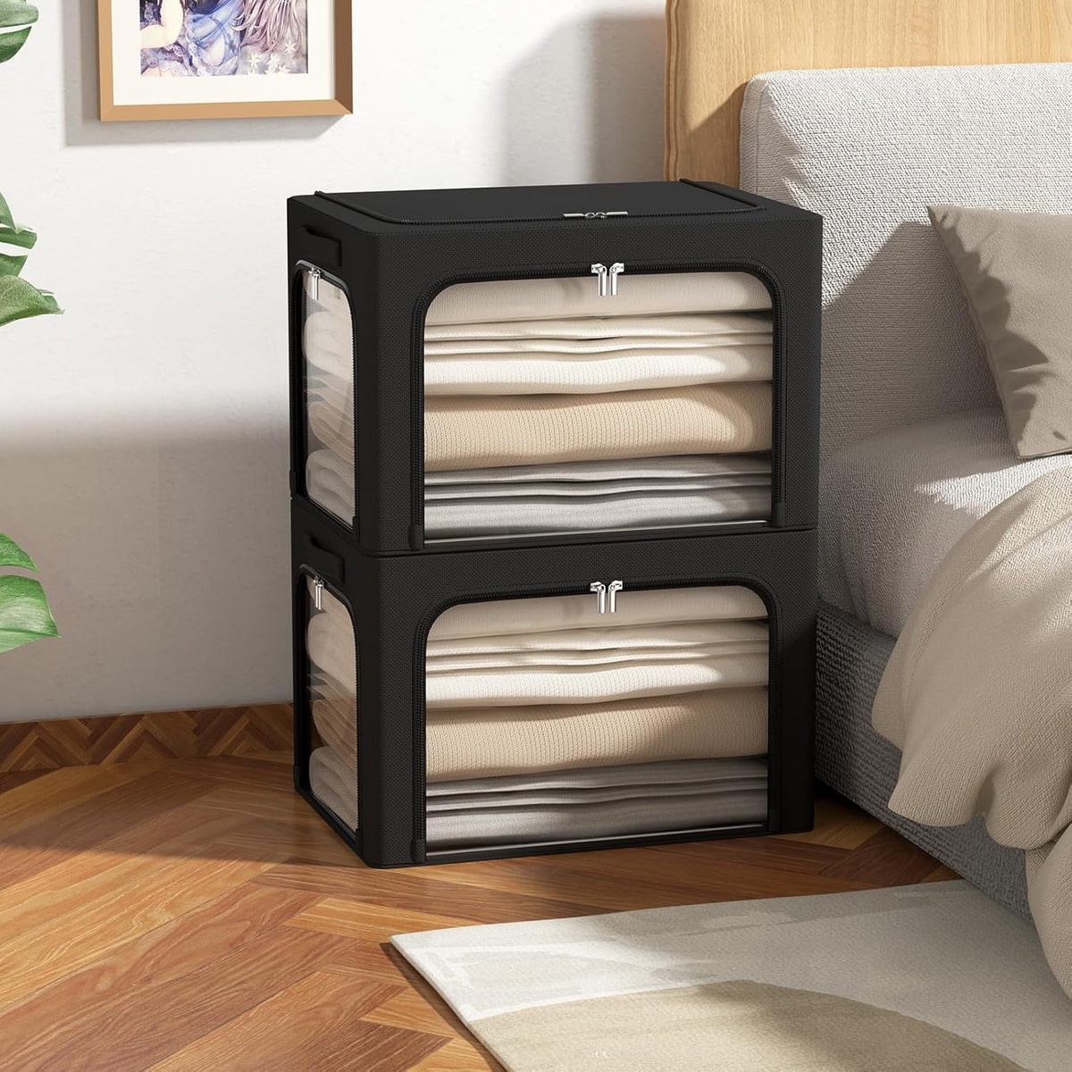 Cutie de Depozitare Haine si Textile, Cadru din Otel Stivuibil, 3 Ferestre cu Fermoar Bidirectional, Material Oxford Impermeabil, 38L, 42 x 30 x 30 cm, Negru