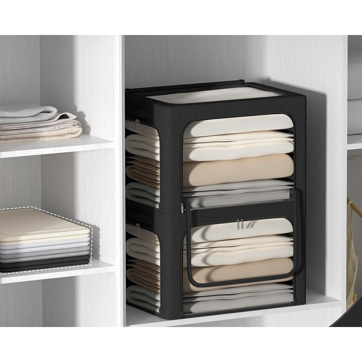 Cutie de Depozitare Haine si Textile, Cadru din Otel Stivuibil, 3 Ferestre cu Fermoar Bidirectional, Material Oxford Impermeabil, 38L, 42 x 30 x 30 cm, Negru