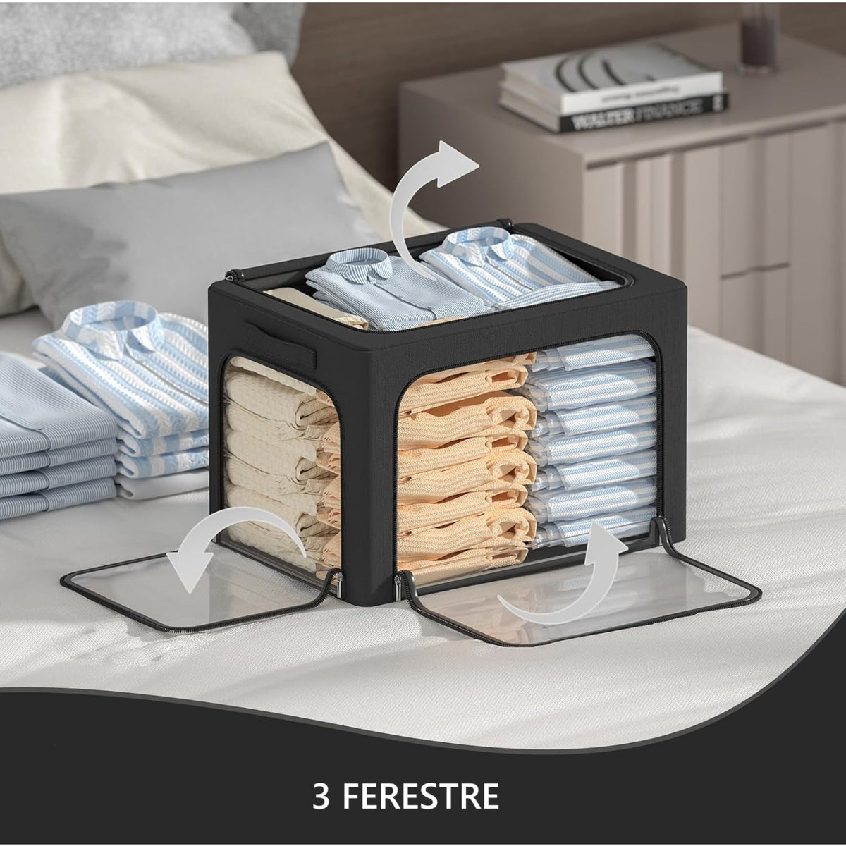 Cutie de Depozitare Haine si Textile, Cadru din Otel Stivuibil, 3 Ferestre cu Fermoar Bidirectional, Material Oxford Impermeabil, 38L, 42 x 30 x 30 cm, Negru