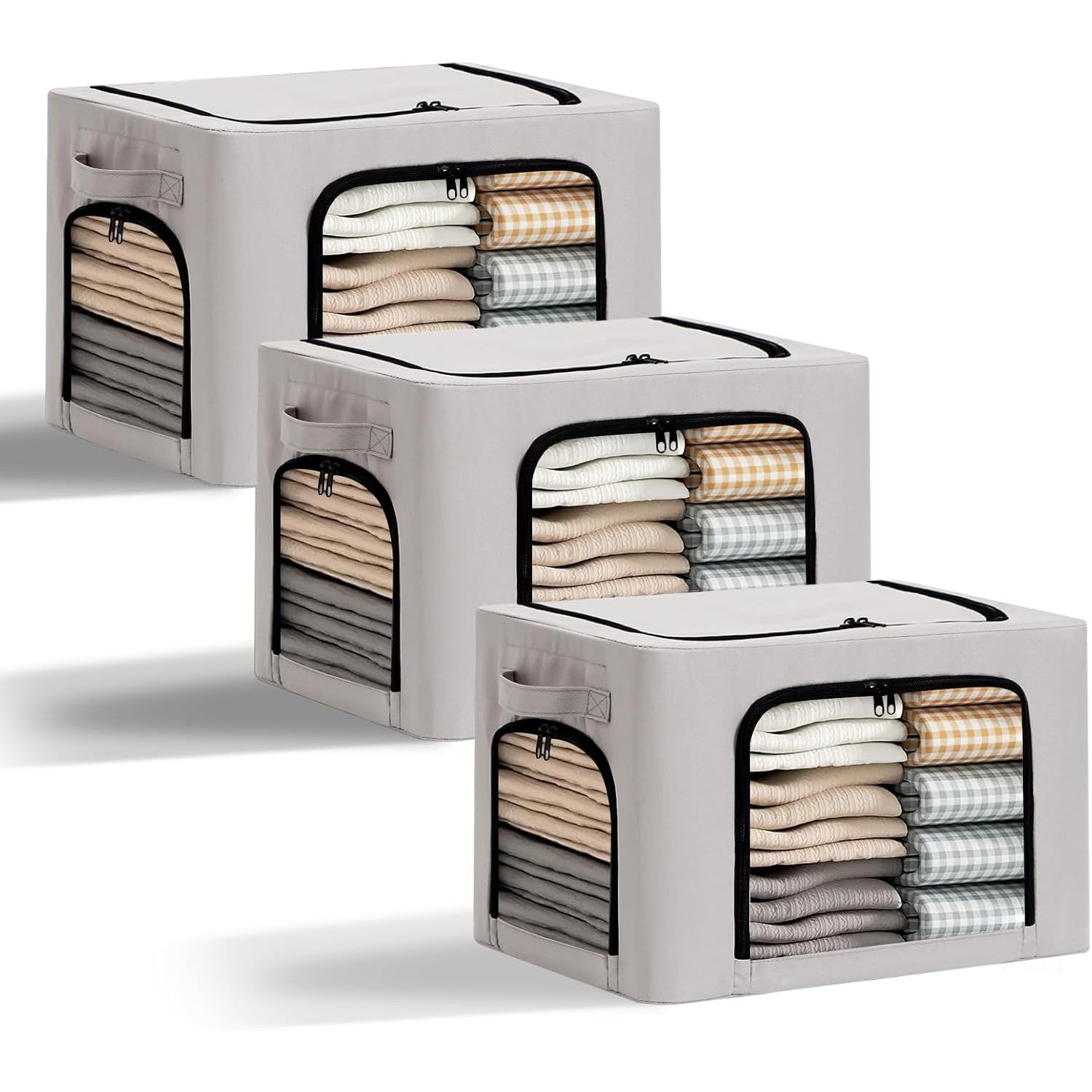 Cutie de Depozitare Haine si Textile cu Cadru din Otel Stivuibila, 3 Ferestre de Vizualizare si Fermoar Bidirectional, Material Oxford Impermeabil, 38L, 42 x 30 x 30 cm, Gri