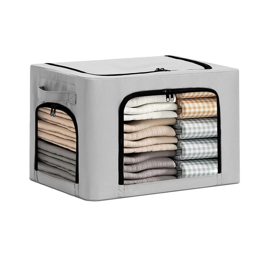 Cutie de Depozitare Haine si Textile cu Cadru din Otel Stivuibila, 3 Ferestre de Vizualizare si Fermoar Bidirectional, Material Oxford Impermeabil, 38L, 42 x 30 x 30 cm, Gri