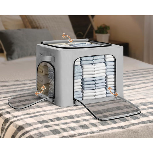 Cutie de Depozitare Haine si Textile cu Cadru din Otel Stivuibila, 3 Ferestre de Vizualizare si Fermoar Bidirectional, Material Oxford Impermeabil, 38L, 42 x 30 x 30 cm, Gri