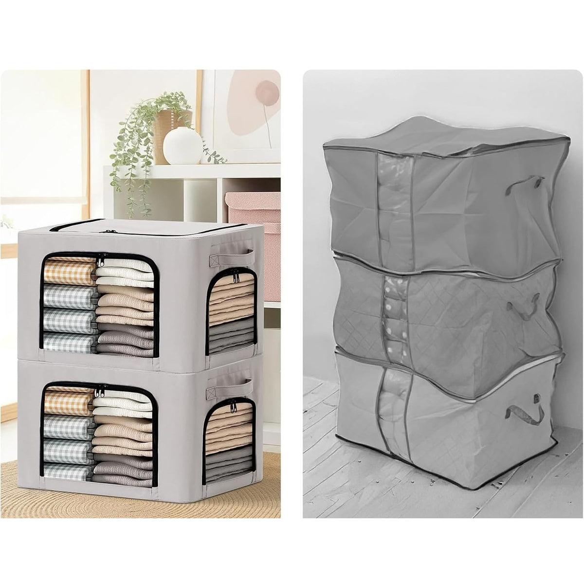 Cutie de Depozitare Haine si Textile cu Cadru din Otel Stivuibila, 3 Ferestre de Vizualizare si Fermoar Bidirectional, Material Oxford Impermeabil, 38L, 42 x 30 x 30 cm, Gri