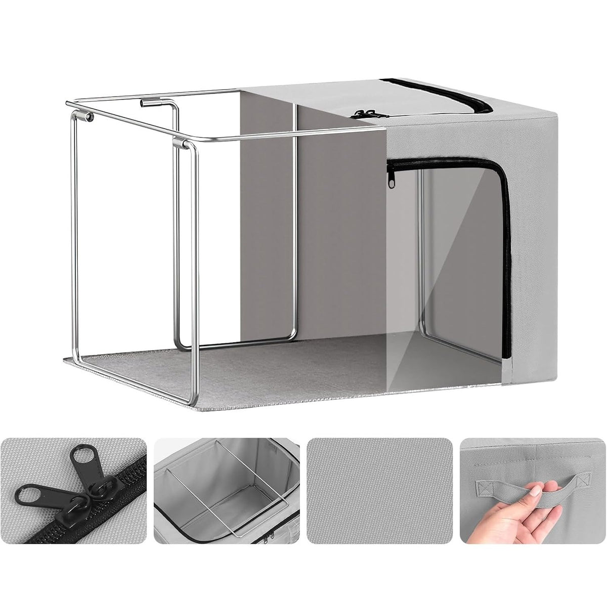 Cutie de Depozitare Haine si Textile cu Cadru din Otel Stivuibila, 3 Ferestre de Vizualizare si Fermoar Bidirectional, Material Oxford Impermeabil, 38L, 42 x 30 x 30 cm, Gri