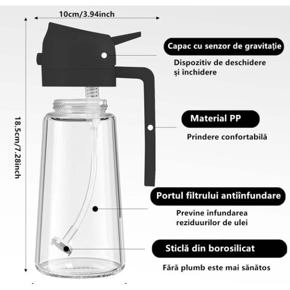 Recipient Ulei 2 în 1, Dozator cu Funcție Spray și Turnare Controlată, Sistem Anti-Scurgere, Sticlă și Plastic, 470 ml, Negru
