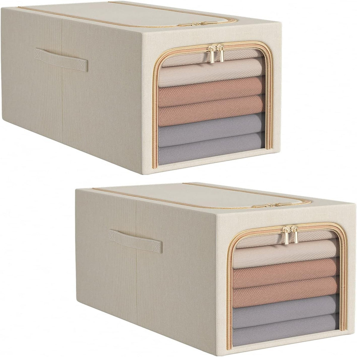 Cutie Depozitare Haine si Jucarii, Organizator Pliabil cu Fereastra Transparenta si Fermoar, Cadru din Otel, Bumbac si In, 56L, 53 x 35 x 30 cm, Kaki