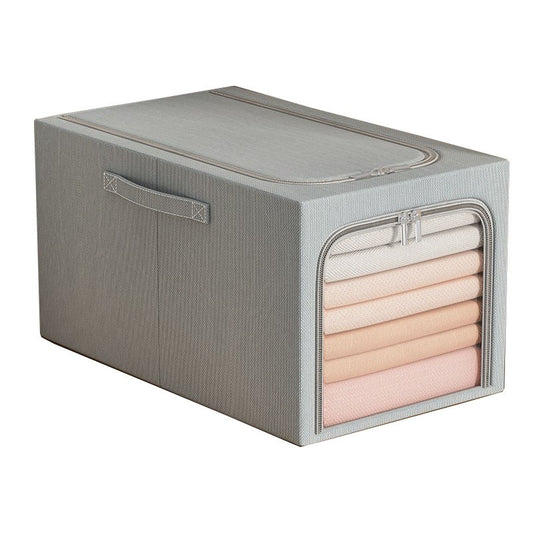 Cutie de Depozitare Pliabilă cu Cadru din Oțel, Fereastră și Fermoar Dublu, Bumbac și In, 31L, 45 x 30 x 23 cm, Albastru Fumuriu