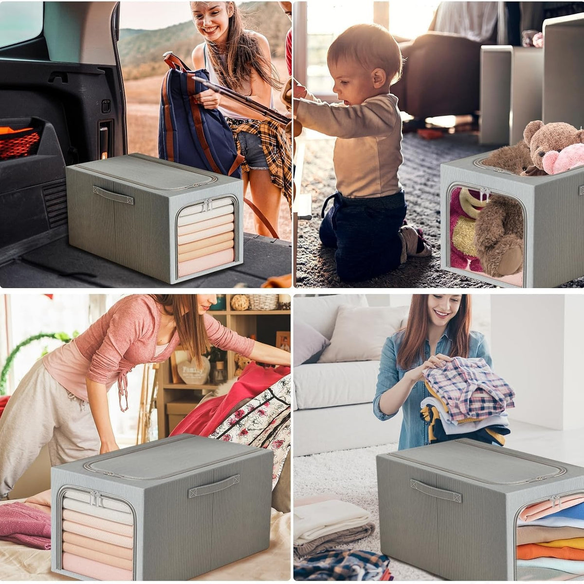 Cutie de Depozitare Pliabila cu Fereastra si Fermoar, Organizator Haine si Jucarii, Stivuibila, Cadru din Otel, Material In si Bumbac, 49L, 47 x 35 x 30 cm, Albastru Fumuriu