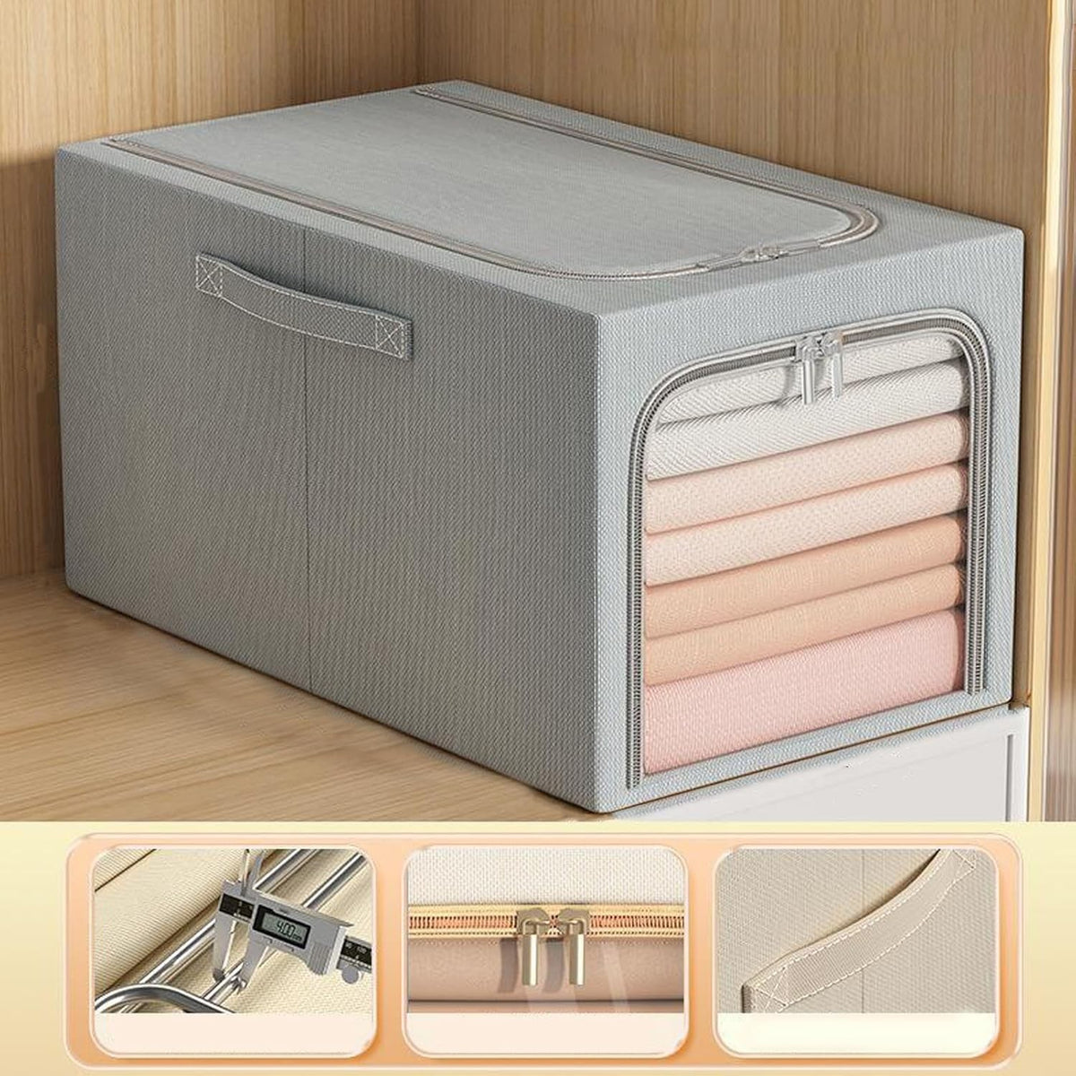 Cutie de Depozitare Pliabila cu Fereastra si Fermoar, Organizator Haine si Jucarii, Stivuibila, Cadru din Otel, Material In si Bumbac, 49L, 47 x 35 x 30 cm, Albastru Fumuriu