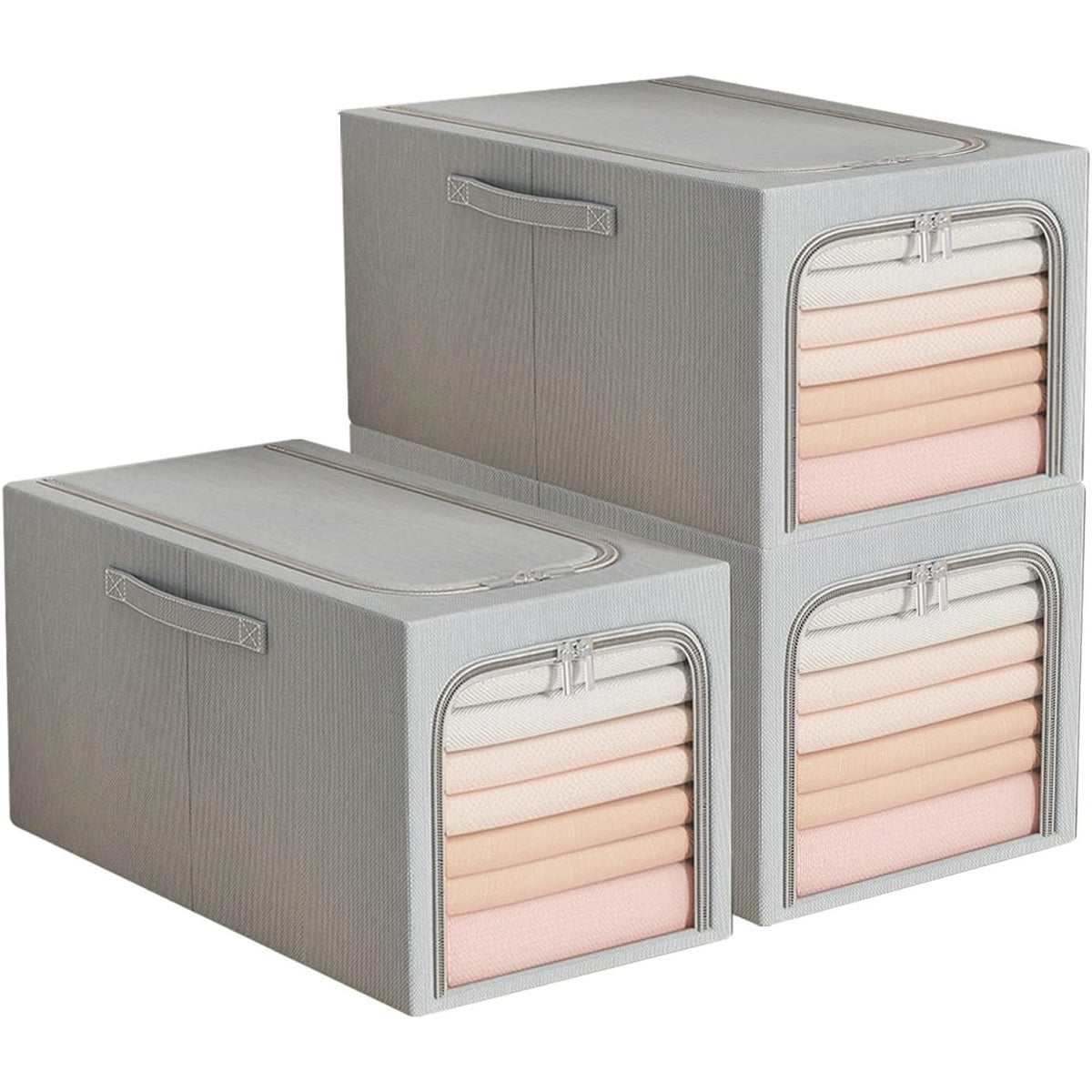 Cutie de Depozitare Pliabila cu Fereastra si Fermoar, Organizator Haine si Jucarii, Stivuibila, Cadru din Otel, Material In si Bumbac, 49L, 47 x 35 x 30 cm, Albastru Fumuriu