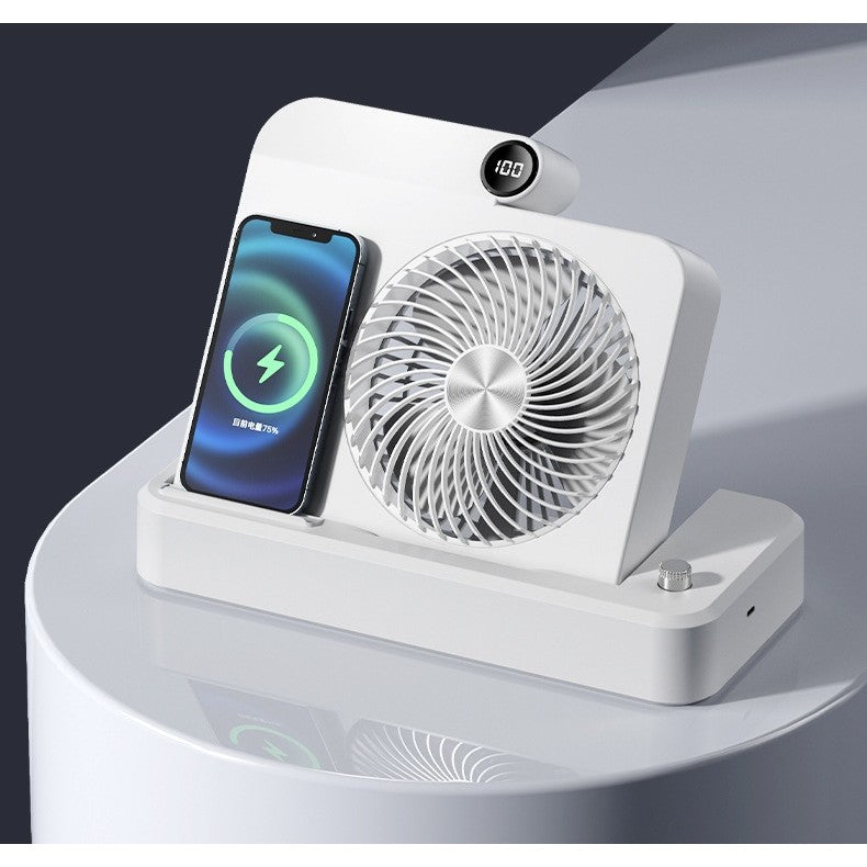 Ventilator Portabil 2 in 1 cu Incarcare Telefon Wireless, 100 Trepte de Viteza, Afisaj Digital, Acumulator 2400 mAh, Silentios, USB-C, Plastic, 25 x 16.5 x 24 cm, Alb