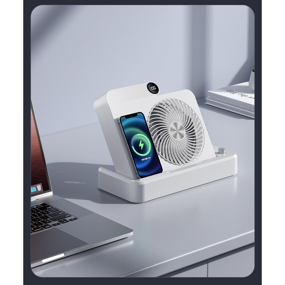 Ventilator Portabil 2 in 1 cu Incarcare Telefon Wireless, 100 Trepte de Viteza, Afisaj Digital, Acumulator 2400 mAh, Silentios, USB-C, Plastic, 25 x 16.5 x 24 cm, Alb