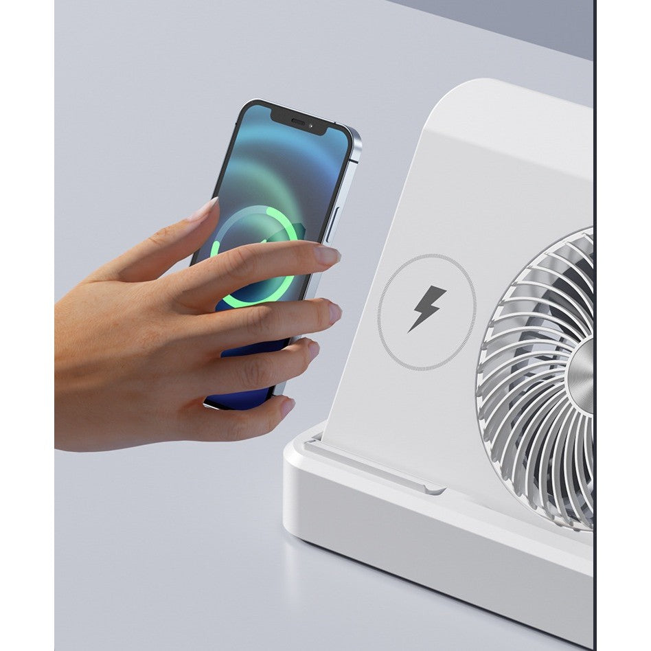 Ventilator Portabil 2 in 1 cu Incarcare Telefon Wireless, 100 Trepte de Viteza, Afisaj Digital si Baterie 2400 mAh, Plastic, 25 x 16.5 x 24 cm, Bej