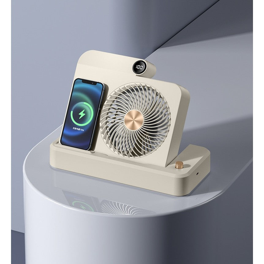 Ventilator Portabil 2 in 1 cu Incarcare Telefon Wireless, 100 Trepte de Viteza, Afisaj Digital si Baterie 2400 mAh, Plastic, 25 x 16.5 x 24 cm, Bej