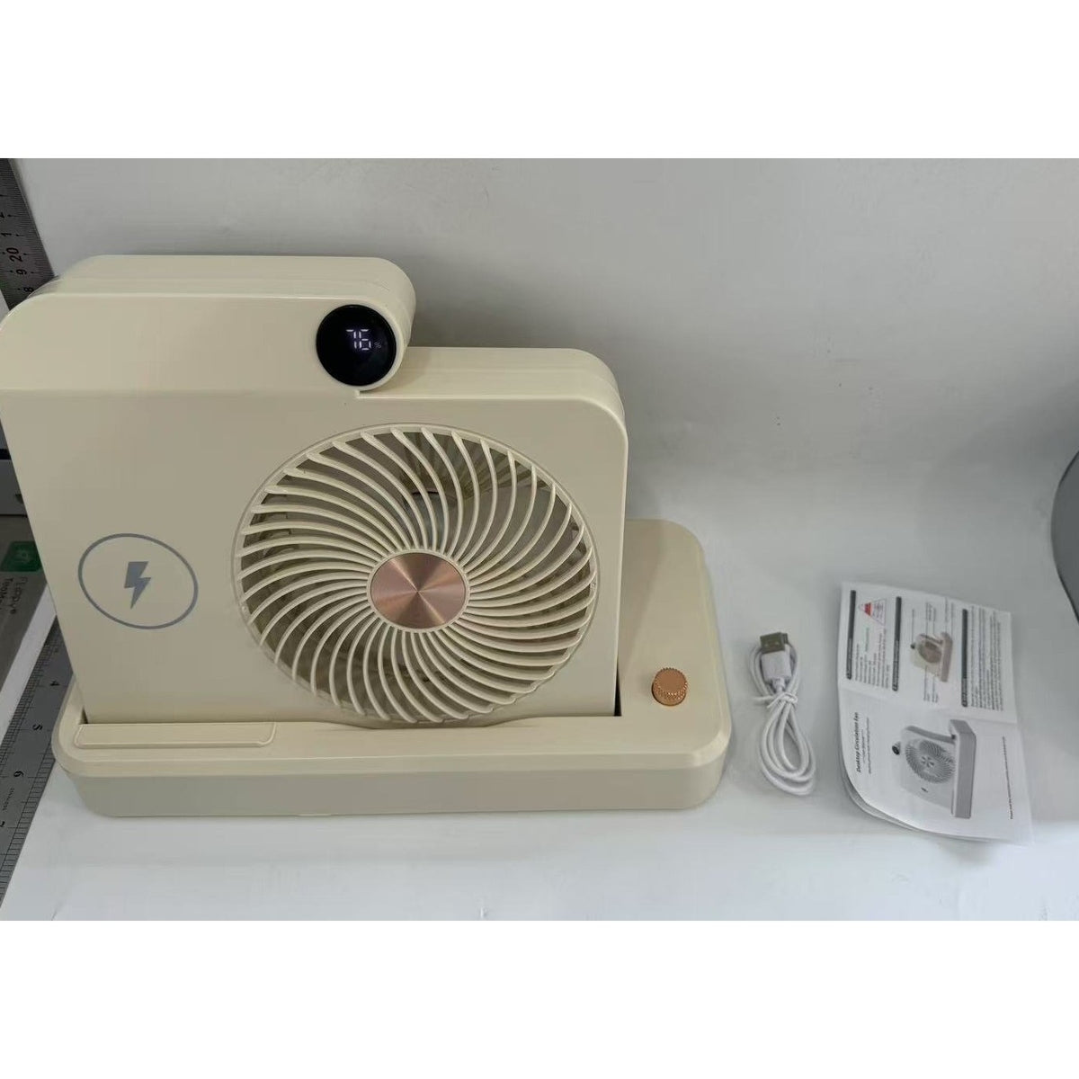 Ventilator Portabil 2 in 1 cu Incarcare Telefon Wireless, 100 Trepte de Viteza, Afisaj Digital si Baterie 2400 mAh, Plastic, 25 x 16.5 x 24 cm, Bej