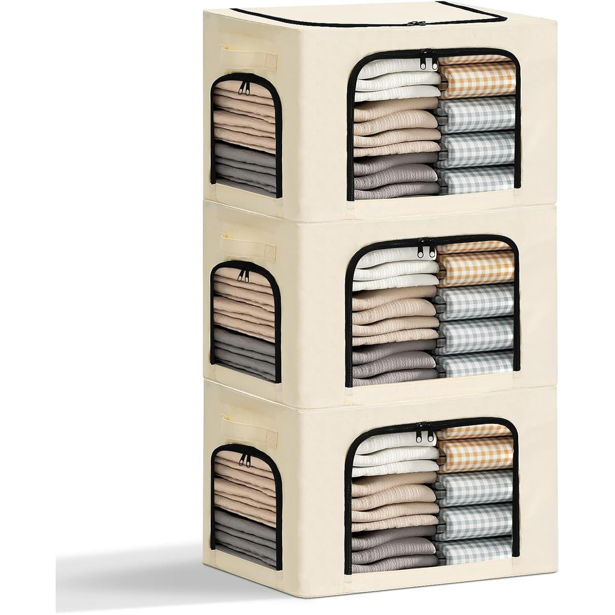 Cutie de Depozitare pentru Haine si Textile, Cadru din Otel Stivuibil, 3 Ferestre cu Fermoar Bidirectional, Material Oxford Impermeabil, 38L, 42 x 30 x 30 cm, Bej