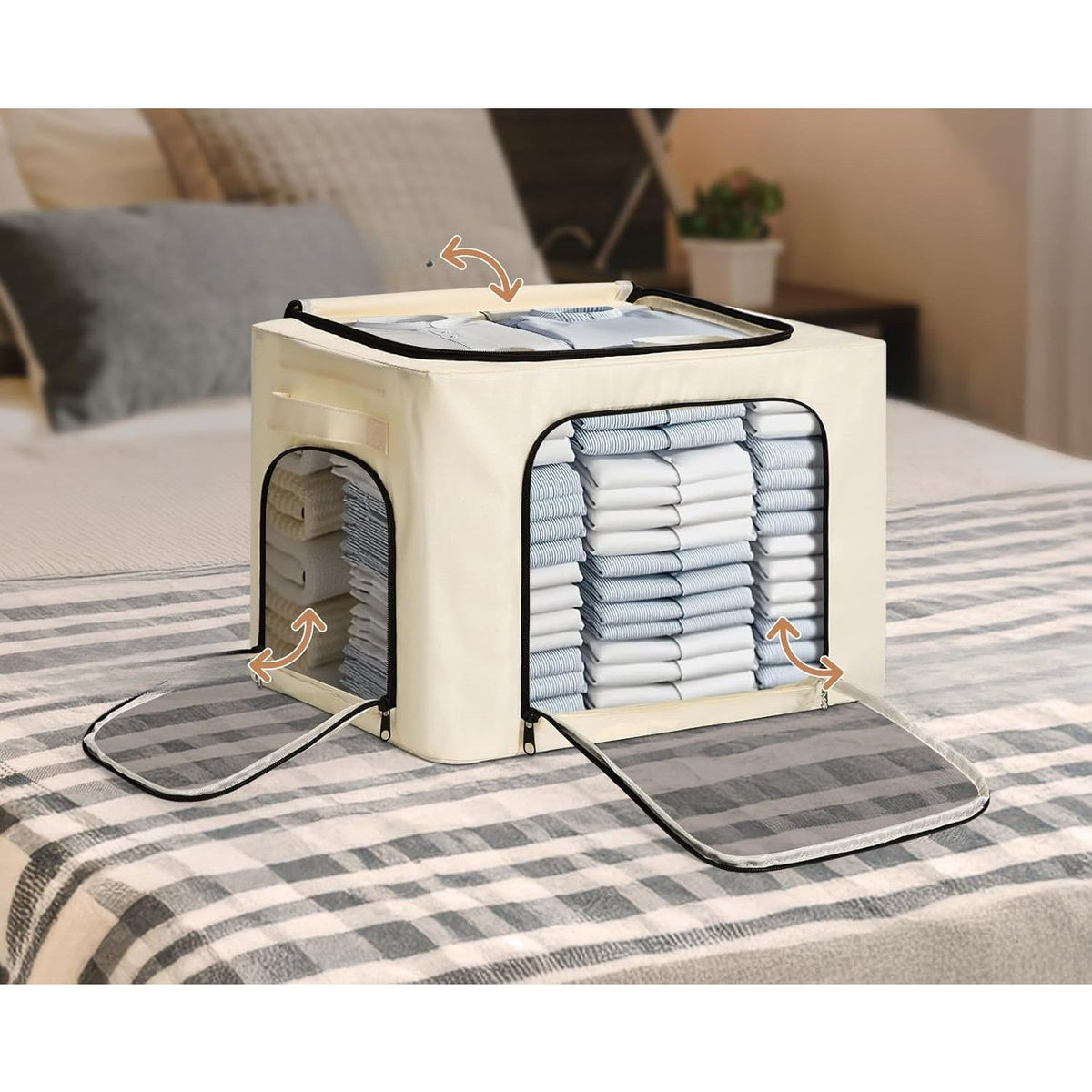 Cutie de Depozitare pentru Haine si Textile, Cadru din Otel Stivuibil, 3 Ferestre cu Fermoar Bidirectional, Material Oxford Impermeabil, 38L, 42 x 30 x 30 cm, Bej