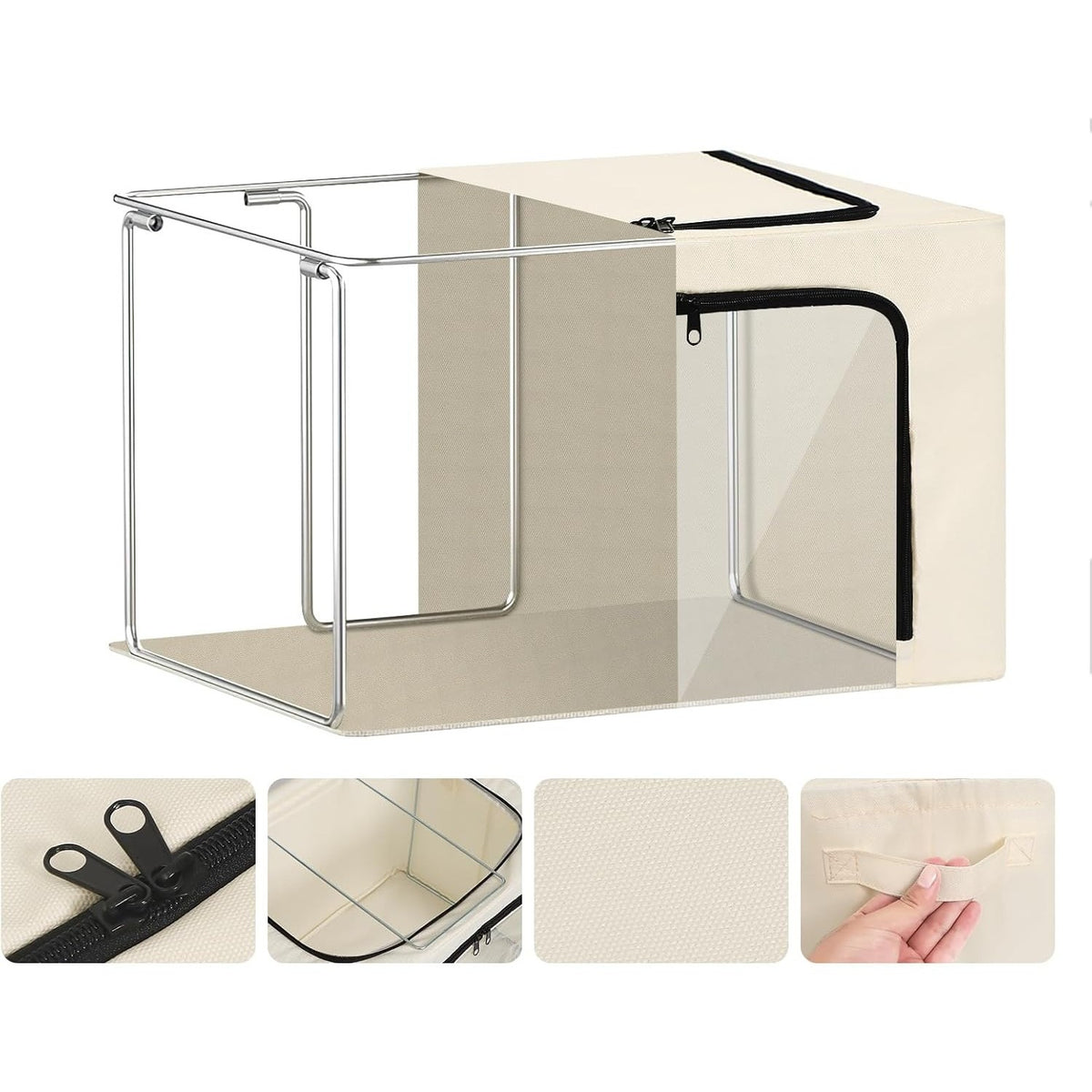 Cutie de Depozitare pentru Haine si Textile, Cadru din Otel Stivuibil, 3 Ferestre cu Fermoar Bidirectional, Material Oxford Impermeabil, 38L, 42 x 30 x 30 cm, Bej